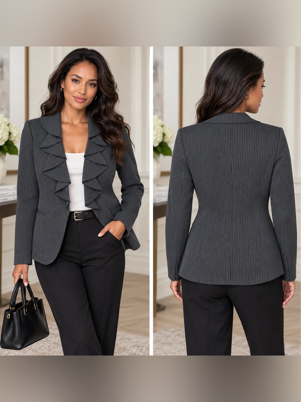 Brooks Brothers Stellita Fit Wool Pinstripe Ruffle Lapel Blazer Size 4